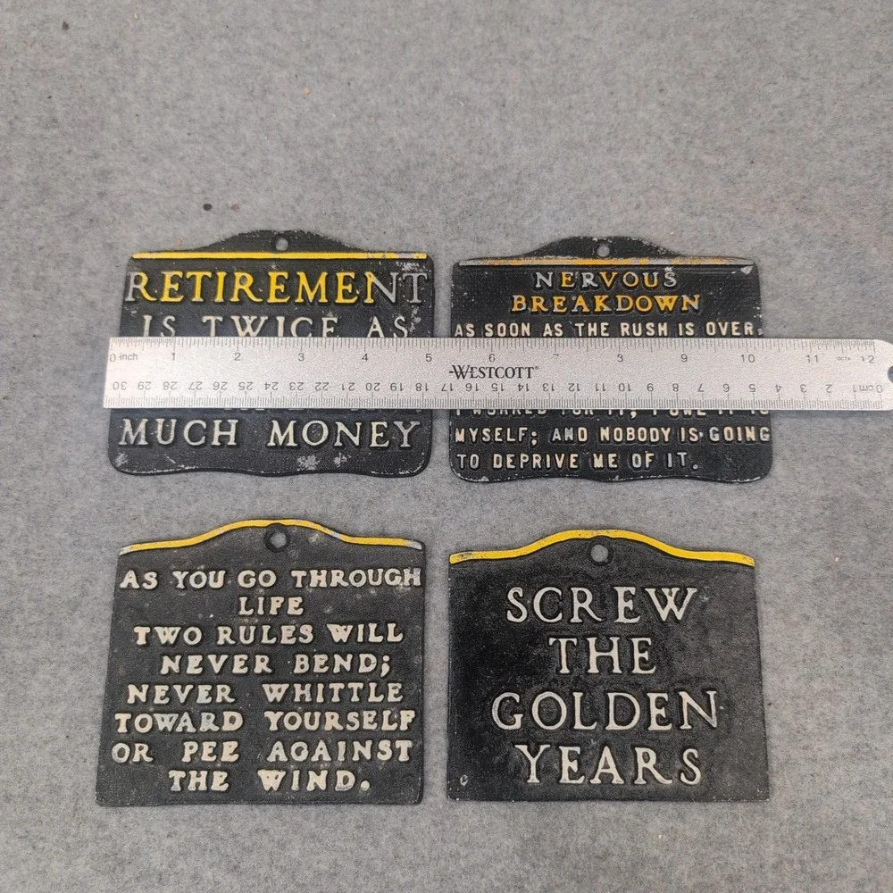 Vintage Cast Metal Retirement Humor Wall Plaques‎ Set of 4 Funny Novelty Signs